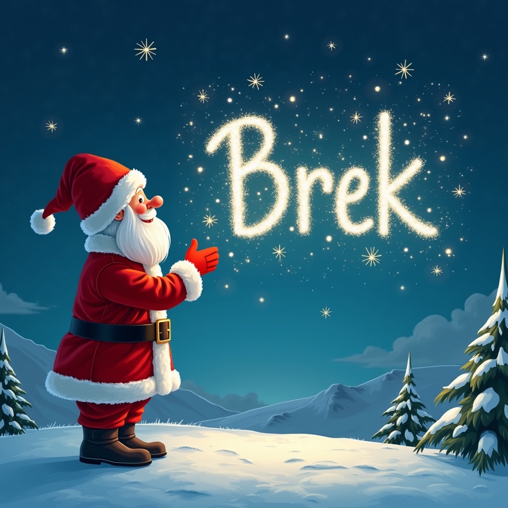 The image depicts Santa Claus standing in a serene snowy landscape at night. He is dressed in his classic red suit with a fluffy white beard. Santa is joyfully using magical dust to write the word 'Brek' in the sparkling sky. The background features snow-covered mountains and a beautifully decorated Christmas tree nearby. The atmosphere is magical and festive, radiating holiday cheer.