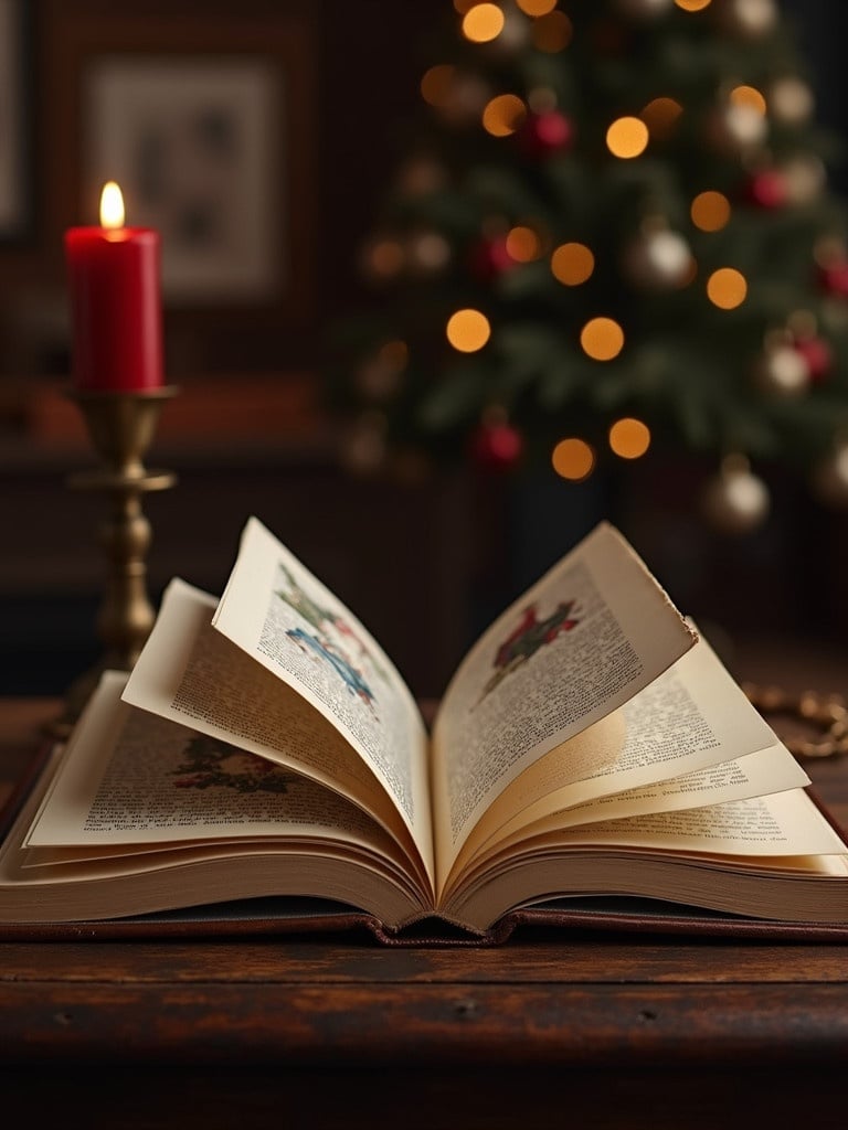 Open vintage book showing Christmas images on pages. Flipping pages in a warmly lit room. An old style desk with a red candle and a Christmas tree in the background. Soft focus with bokeh effects from Christmas lights.