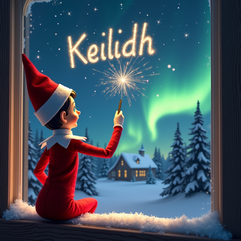 An enchanting scene features an Elf on the Shelf, sitting by a window, facing away from the viewer. The elf joyfully uses a wand to create sparkles in the night sky, elegantly writing the name 'Keilidh' with sparkling letters. In the background, a snowy landscape is illuminated by dazzling Northern Lights. The warm glow from the window adds a touch of magic to the winter night. Pine trees and a starry sky complete the festive atmosphere, evoking feelings of joy and wonder.