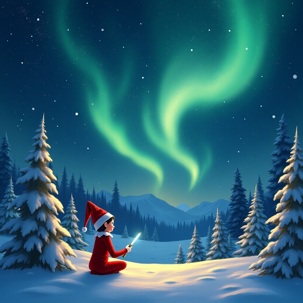 The image showcases a child dressed as an elf, sitting in a snowy landscape under a stunning display of northern lights. The child holds a wand-like object that emits a soft light. The trees around are covered in snow, creating a serene winter atmosphere. The sky is an enchanting mix of greens, blues, and stars, evoking a sense of magic and wonder. The scene captures the essence of holiday joy, suggesting a connection to the popular Elf on the Shelf tradition.