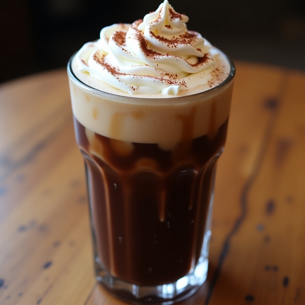 Iced chocolate coffee topped with fresh whipped cream. Glass filled with coffee on a wooden table.