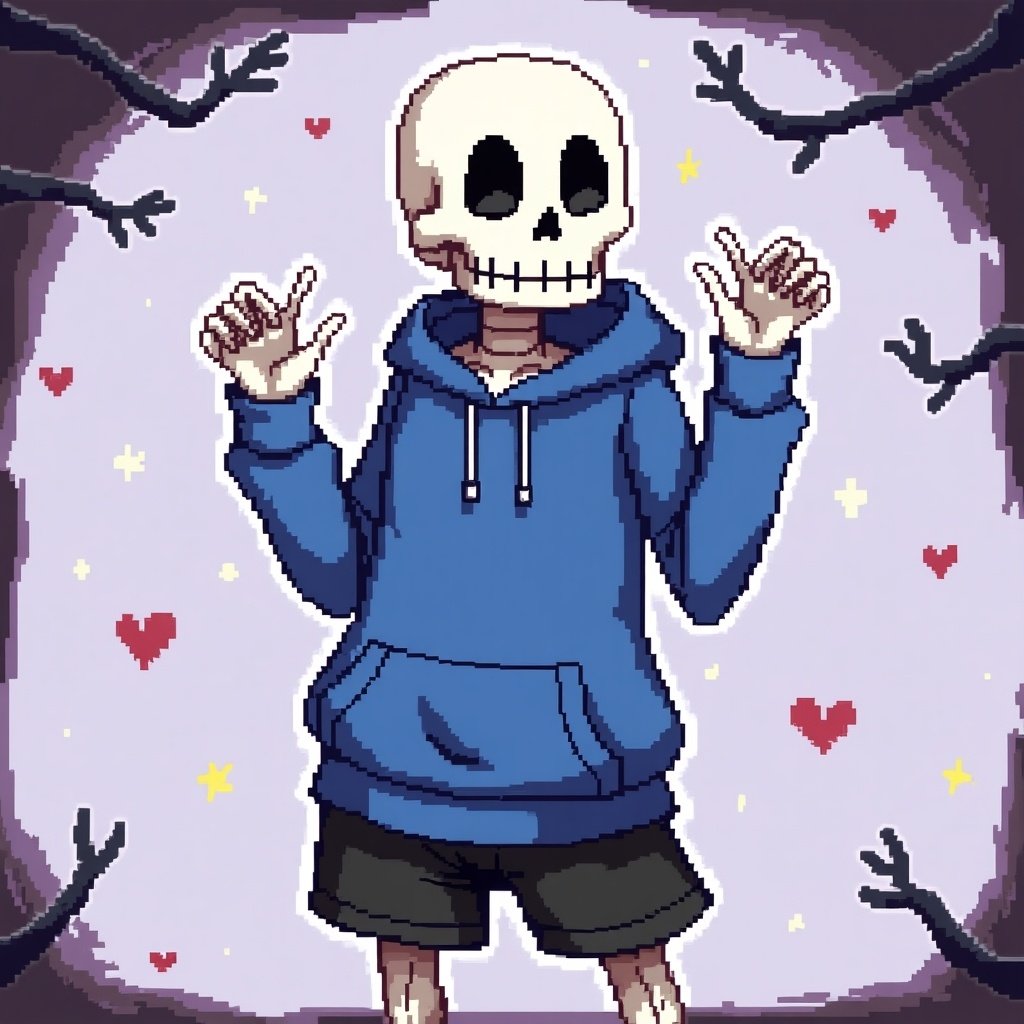 Image of a pixel art skeleton character in a blue hoodie. Background includes hearts and stars against a purple backdrop with branches.