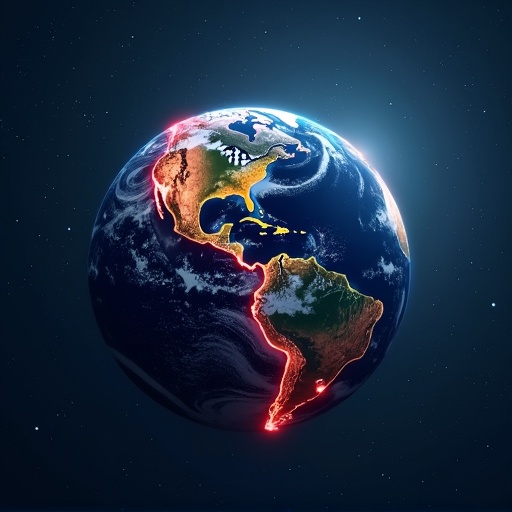 A 3D representation of Earth in space with dark blue starry background. The globe has visible red fault lines indicating tectonic activity. The continents are depicted with realistic colors. Light glows from behind the globe, illuminating it strongly.