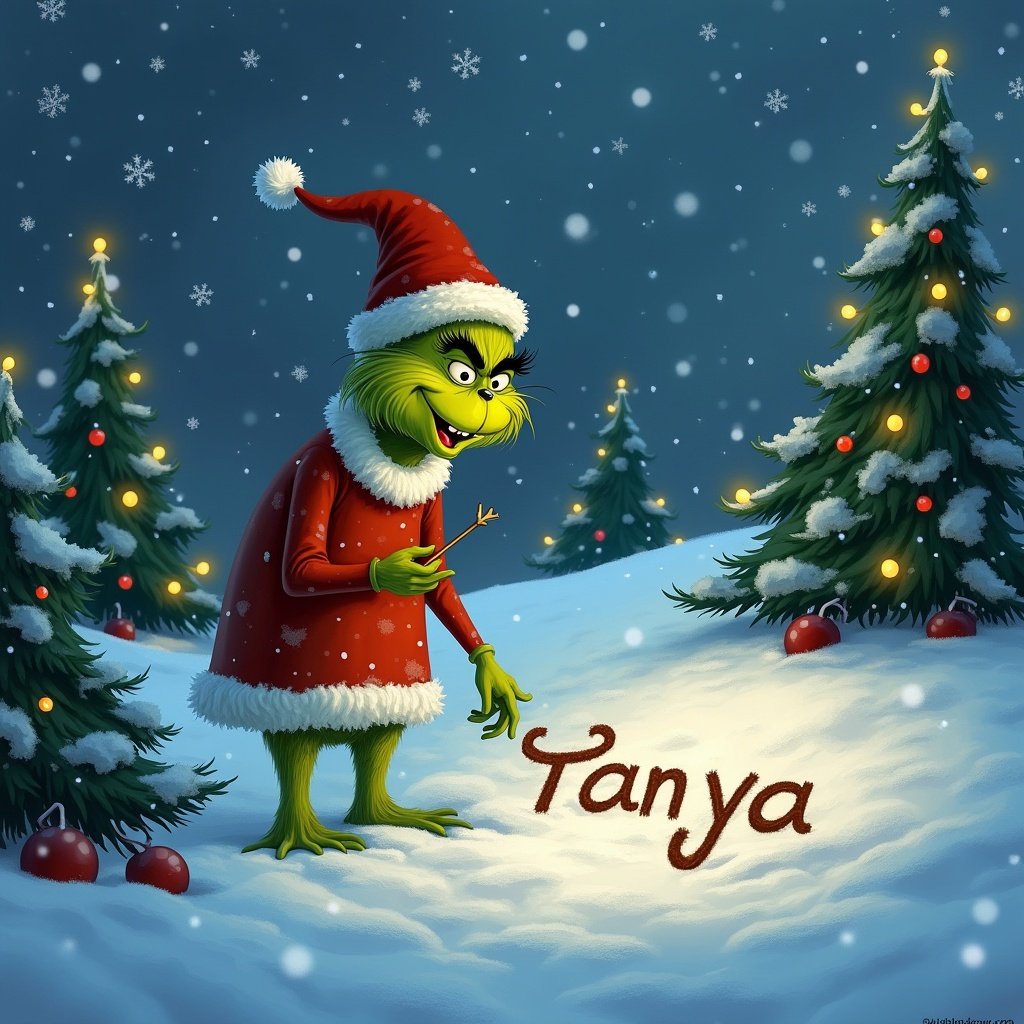 Grinch in snow. Christmas trees with lights. Grinch writes Tanya in the snow.