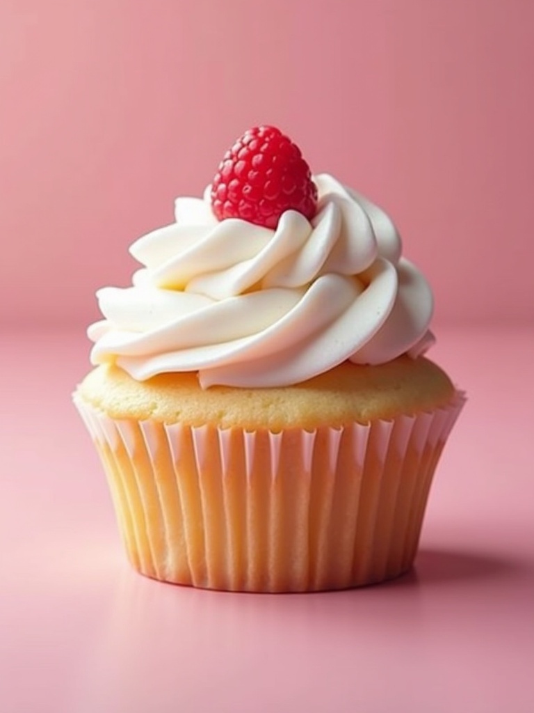 A hyper realistic image of a cupcake on a pink background. The cupcake has a swirl of white frosting topped with a fresh raspberry. The image is centered. The background and lighting are soft and inviting.