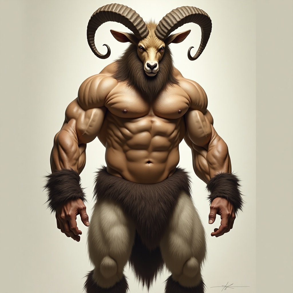 A muscular humanoid creature with ram's horns and short pointed ears from the waist up. The lower body resembles a goat with thick fur and a tufted tail.