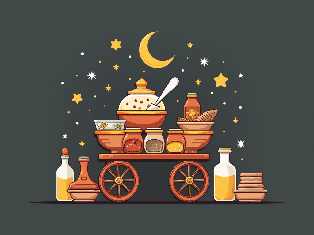 Illustration of a traditional food cart decorated with Ramadan-themed ornaments. The background is dark gray. The cart holds a large jar of fava beans with a spoon. It has various jars of sauces and spices. Individual bottle of hot sauce and tahini are visible. Stacked bread and bowls complete the display.