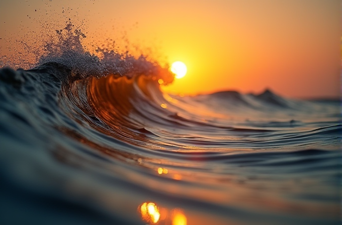 A dynamic ocean wave illuminated by the warm glow of a setting sun, with shimmering reflections dancing on the water's surface.