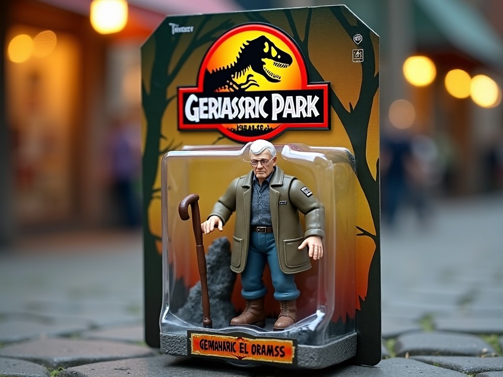 A parody action figure titled 'Geriatric Park' depicting an elderly character in a park-themed package, displayed in an urban setting.