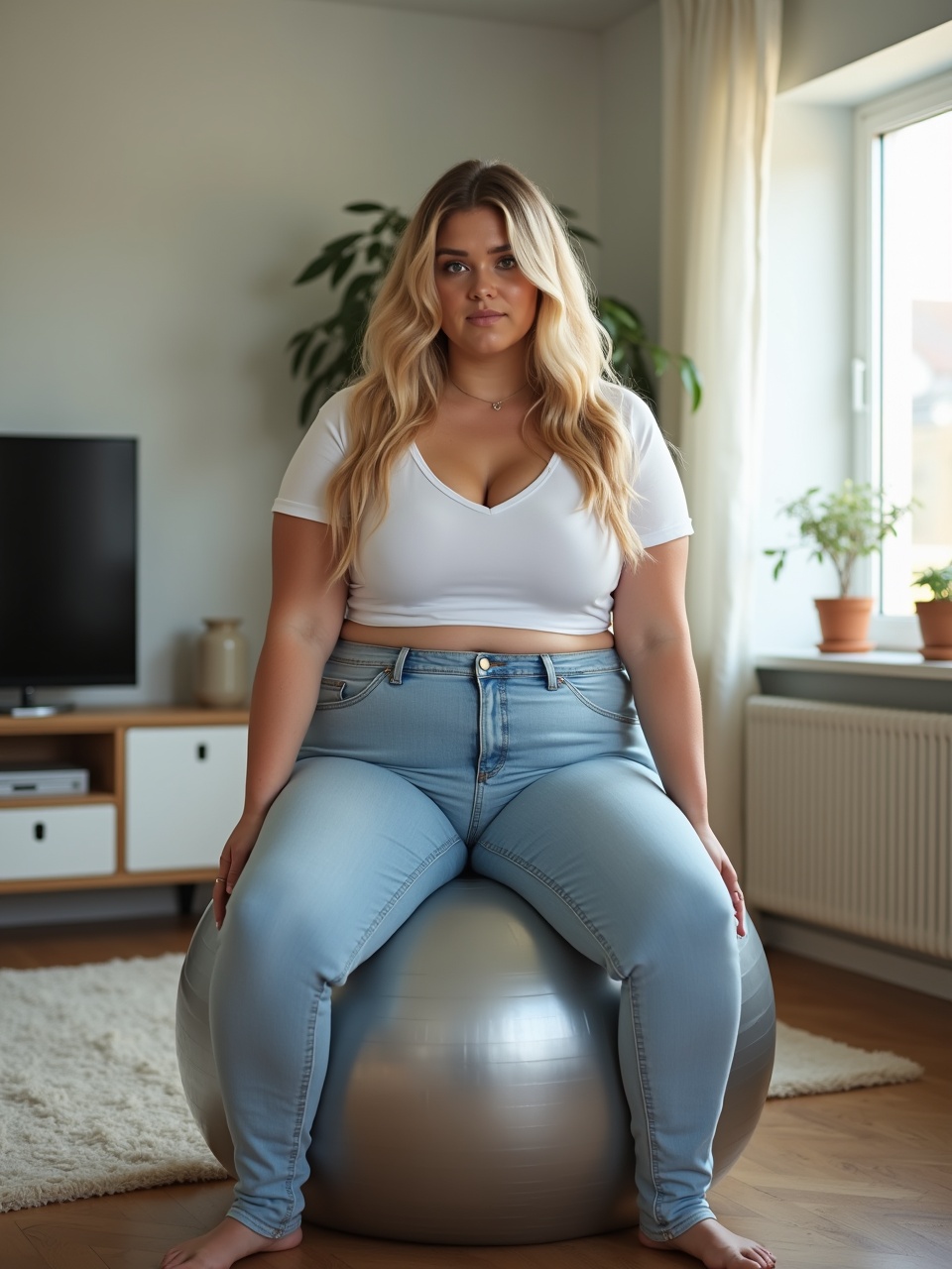 This image features a young woman seated on a soft, transparent silver yoga ball. She is dressed in a tight-fitting white shirt and light blue jeans, highlighting her figure. The setting is a sunny Danish living room filled with natural light, creating an inviting atmosphere. The woman has long blond hair and sits comfortably, embodying confidence. This scene promotes a sense of wellness and relaxation in a stylish home environment.