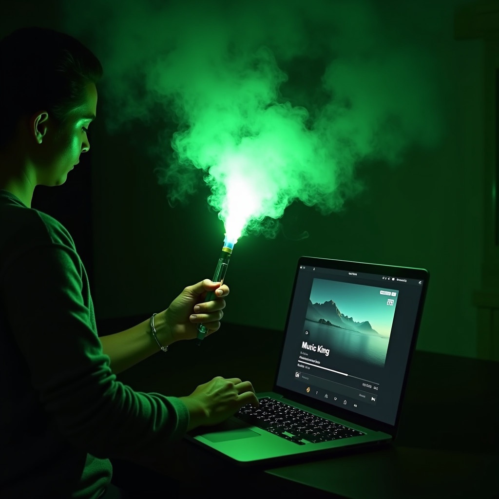 A person holds a green flare that emits smoke. A laptop displays a music application called Music King. The scene merges virtual and real elements.