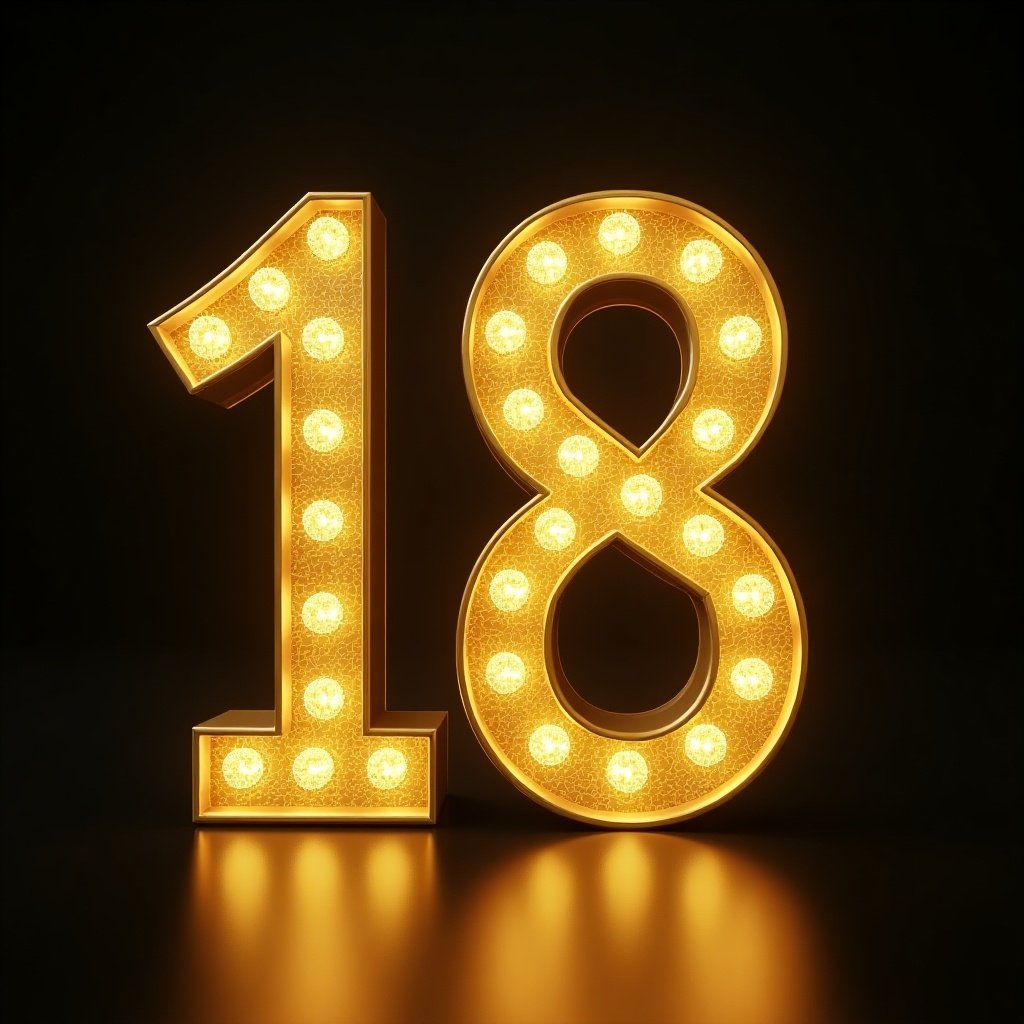 Create number 18 in gold effect with lights. Focus on realistic detail and high resolution. Show glowing appearance.