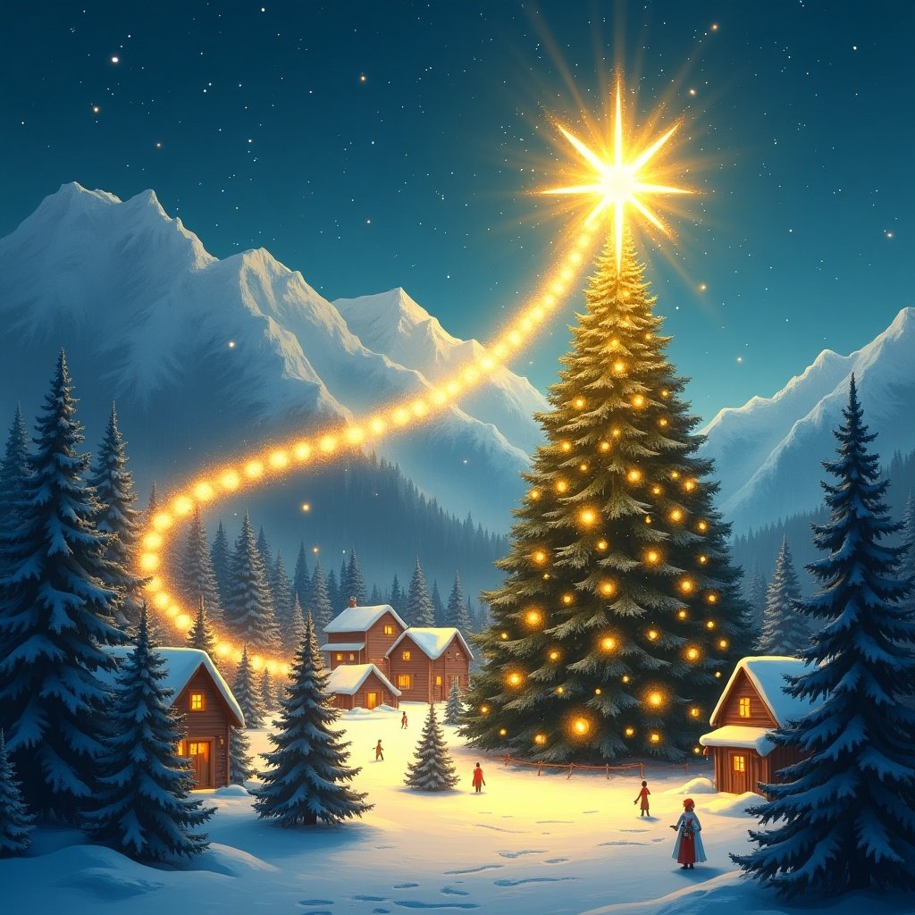 Golden star with a bright trail crossing a snowy mountain of fir trees zigzagging, arriving at a Christmas town illuminating a huge tree in the town square and exploding at the top of the tree. Add Merry Christmas from contentpass.