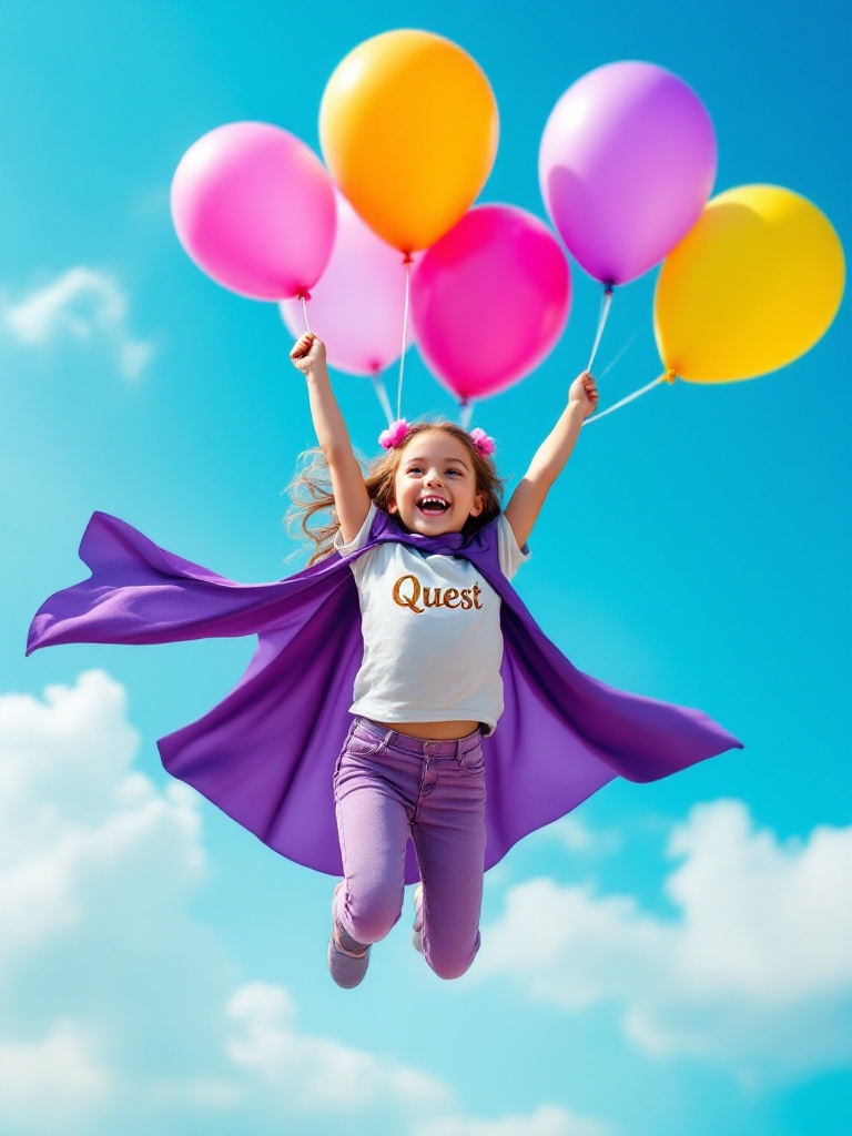 Joyful five-year-old girl holding colorful balloons. She is elevated off the ground in a purple cape. Shirt with the word Quest in shimmering gold. Bright clear blue sky with fluffy clouds in the background.