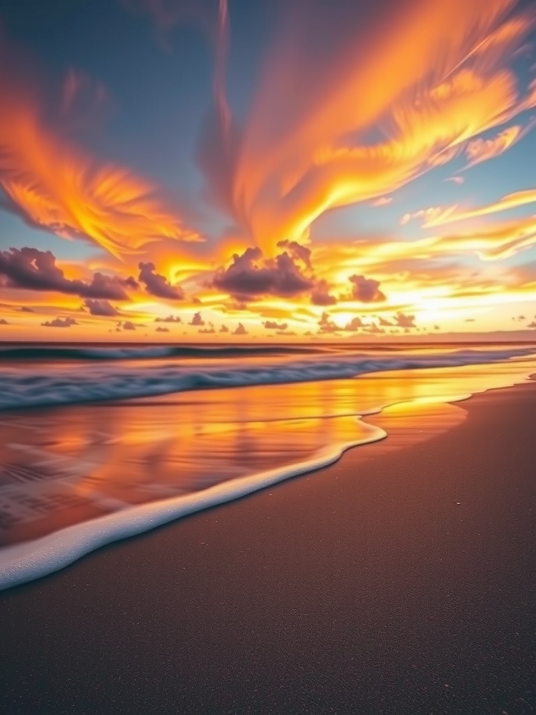 A breathtaking sunset over a calm beach, with vibrant orange and yellow hues lighting up the sky. The clouds are artistically scattered, reflecting vivid colors on the gentle waves and wet sand. This scene evokes a sense of peace and wonder, capturing the beauty of nature at its most dramatic hour.