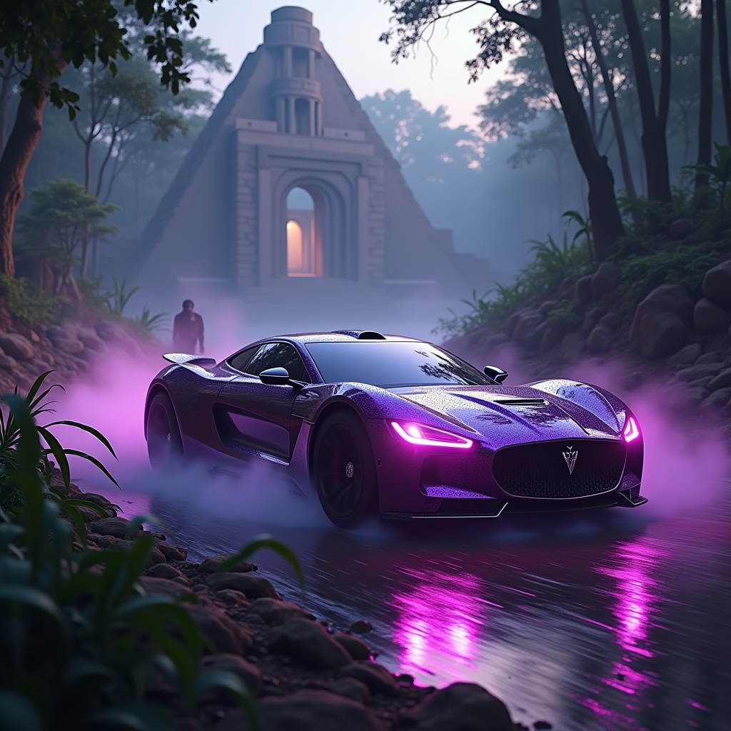 A luxurious, high-tech car inspired by jaguars zooms through a vibrant jungle. Its shimmering purple body glows mysteriously, echoing the vibranium metal of Wakanda. Black Panther stands determined, eyes locked on the approaching vehicle. Shuri, his brilliant sister, engages her futuristic holographic console to gain control over the car's systems. The clash between modern innovation and ancient lore unfolds in the backdrop of mystical ruins. The ambiance is filled with tension as technology and nature intertwine, illuminating the twilight with vibrant colors.