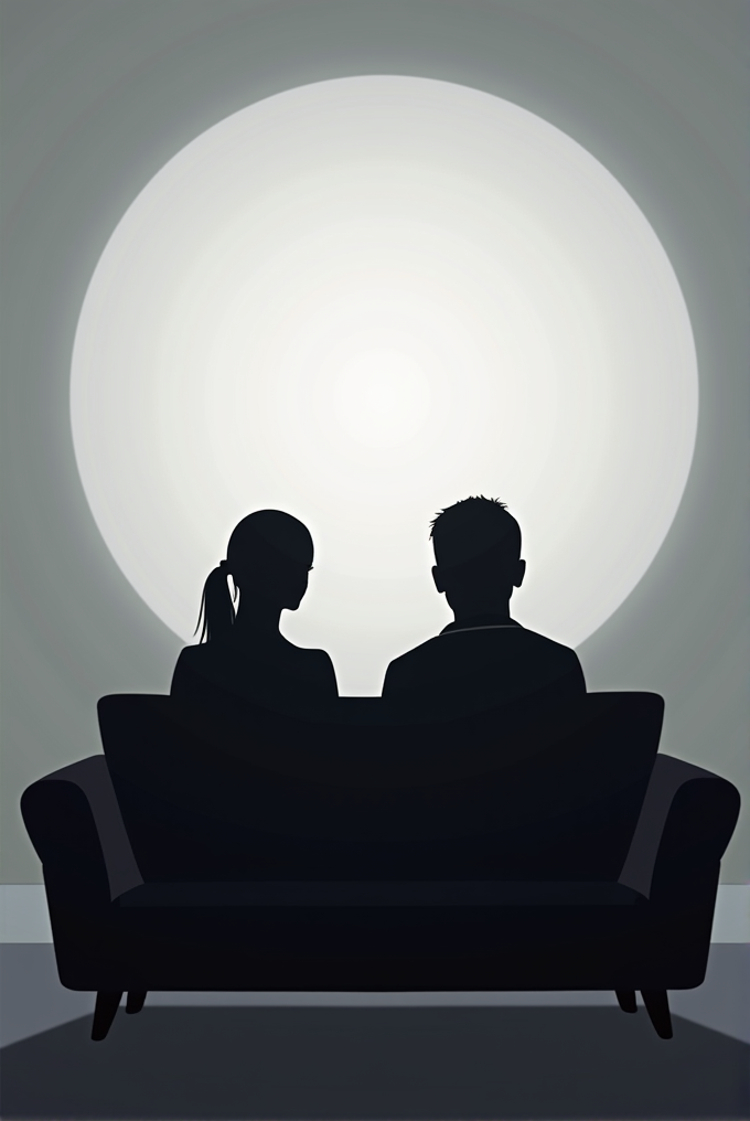 Silhouette of a couple sitting on a couch against a large, glowing circular backdrop.