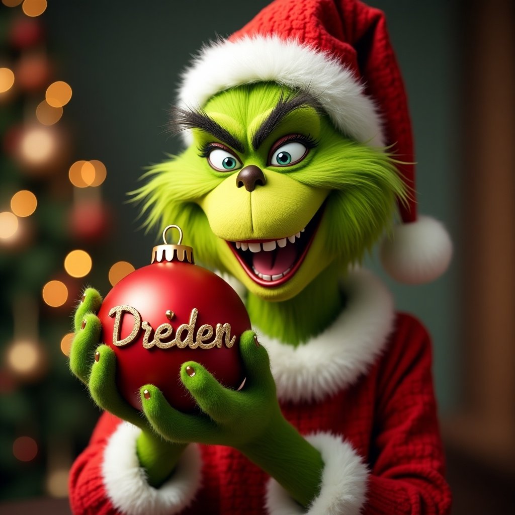 The Grinch smiling and holding a Christmas ornament with the name Dre’den in gold.