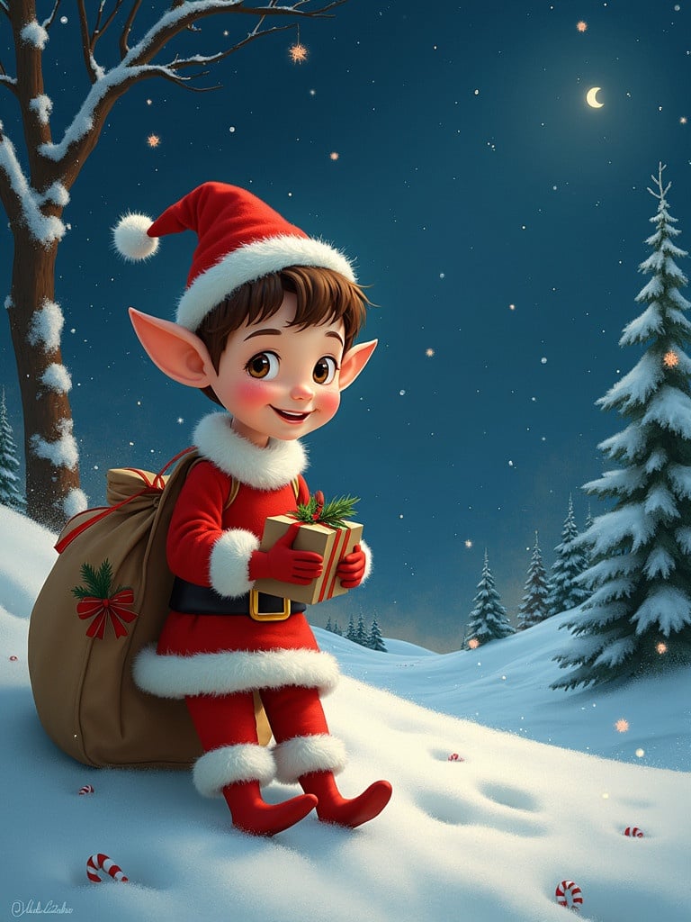 An illustration of a cheerful elf wearing a red outfit and hat. The elf sits on snow with a sack filled with gifts. Surrounding snowy trees and a night sky with stars and a crescent moon enhance the magical atmosphere. The elf holds a small present with decorations. Christmas vibes are emphasized with soft lighting and traditional colors.