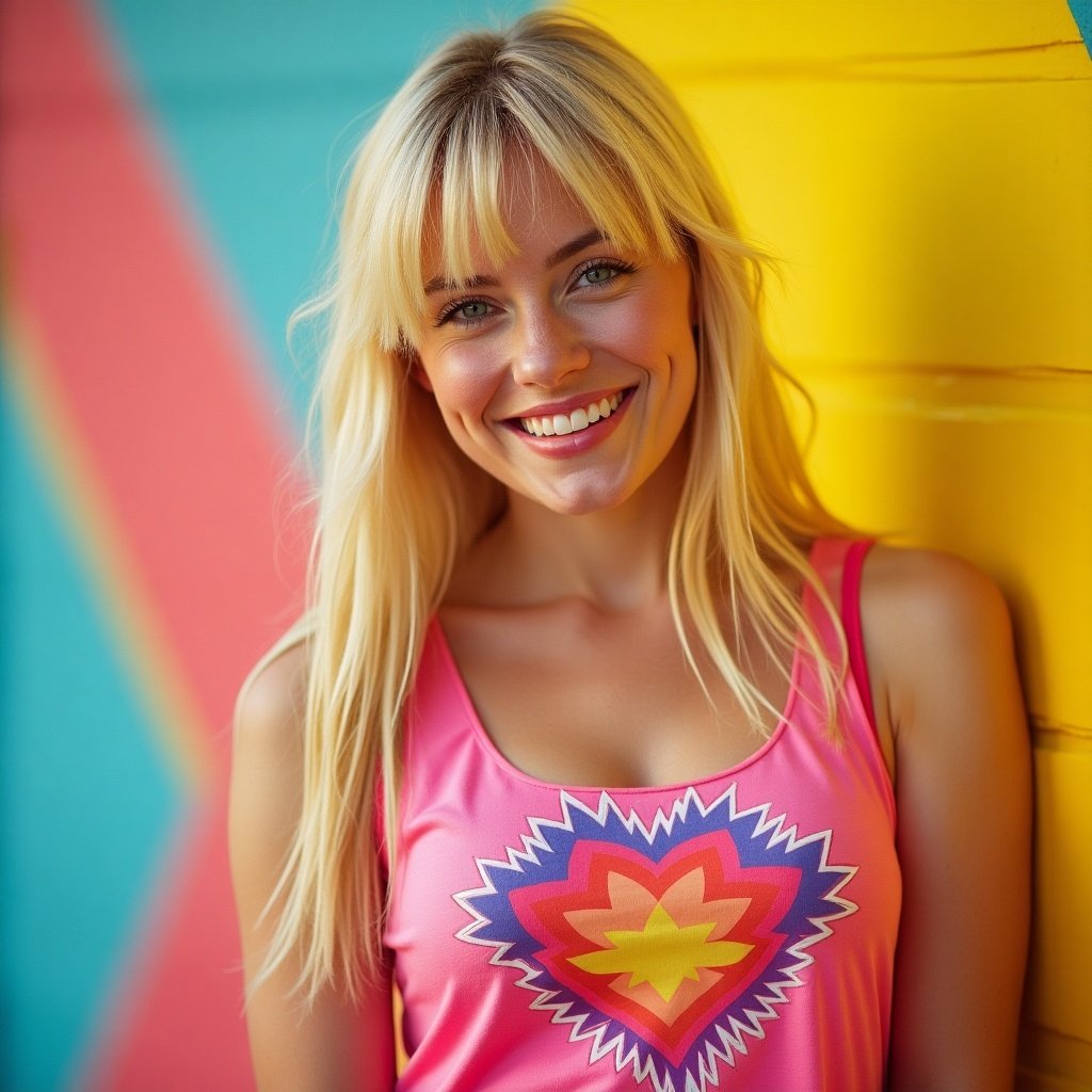 Blonde girl in her 20s with straight hair in tight 80s style activewear smiling in front of a colorful wall.