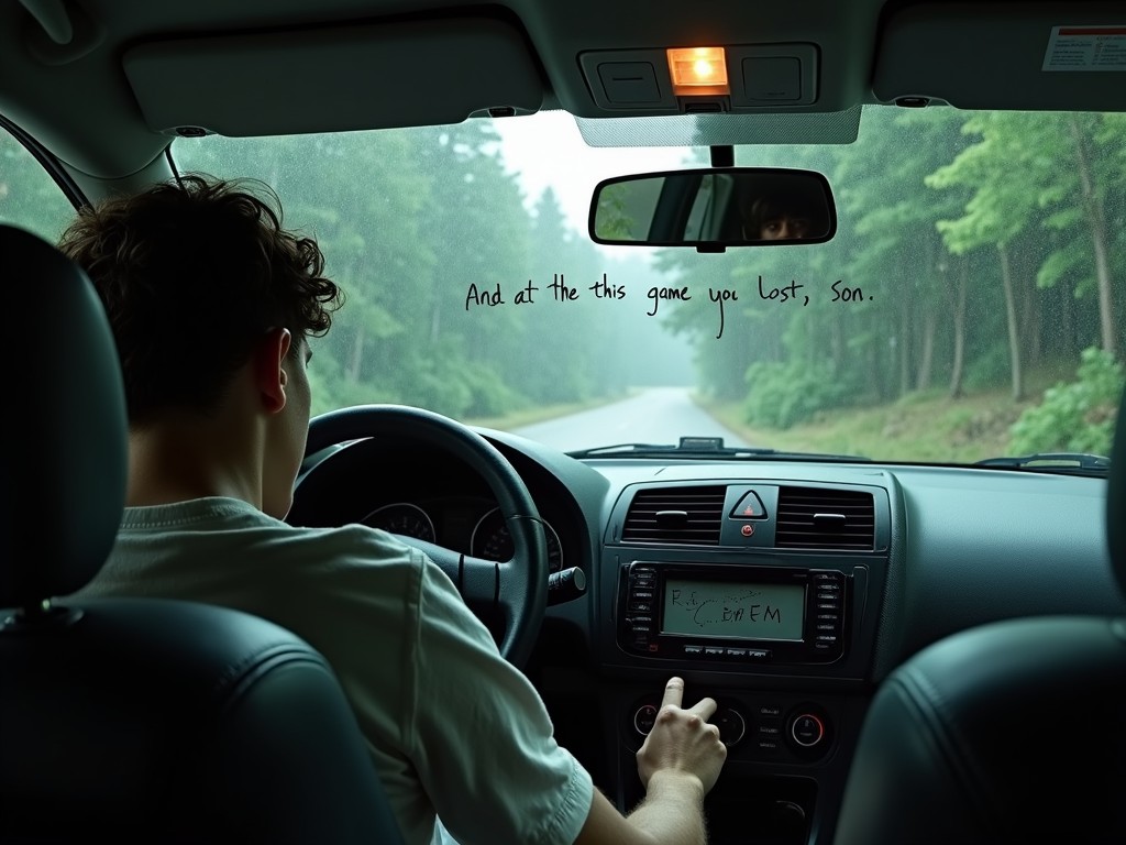 A young man driving a car on a foggy, tree-lined road, with the phrase 'And at the this game you lost, son.' written across the windshield.