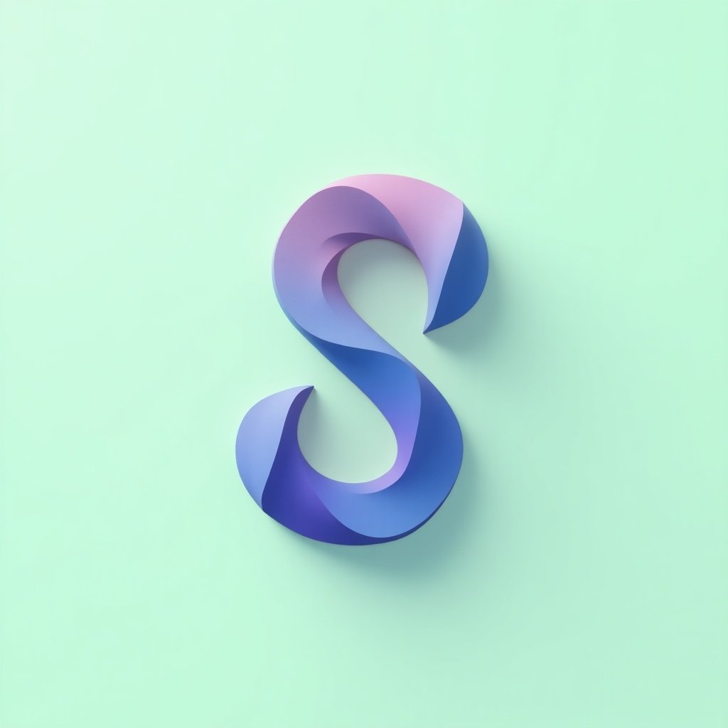 Minimalist logo design featuring letter S. Gradient blending blue and pink. Interlocking shapes. Light green background. Subtle shadow creating 3D effect. Sleek and professional look.