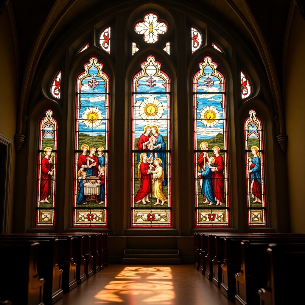 Interior of a church with colored stained glass windows. Jesus depicted in various scenes. The light casts beautiful patterns on the floor.