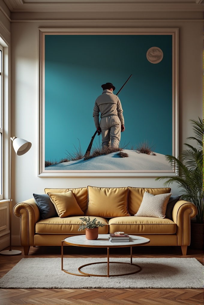 A large framed artwork depicting a figure walking on a snowy hill under a moonlit sky dominates a cozy, modern living room with a mustard yellow sofa.