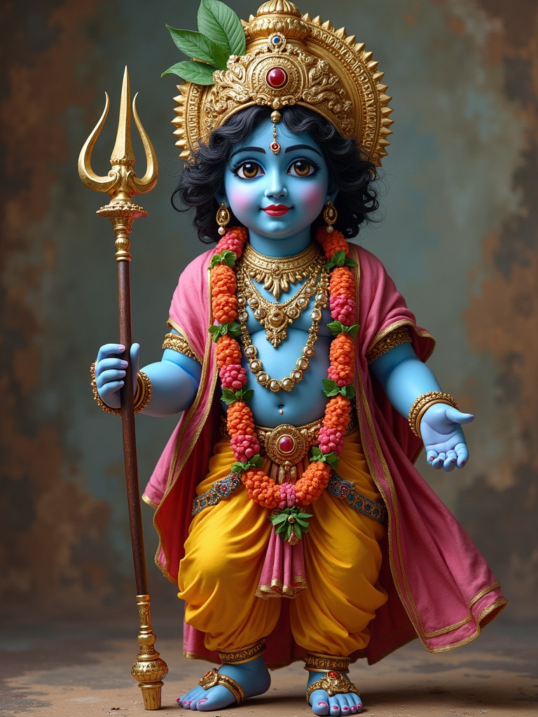 Colorful statue representing Lord Krishna in traditional attire. Krishna holds a trident and wears a flower garland. The statue is richly adorned with jewelry and vibrant clothing.