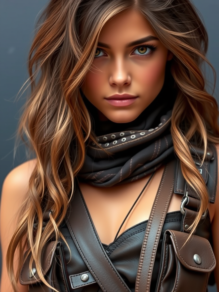 A woman with striking eyes wears a leather outfit and scarf, exuding a fierce, stylish aura.