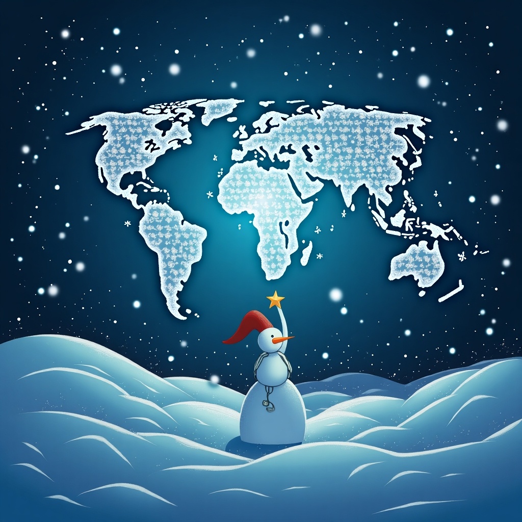 A holiday-themed corporate card featuring a snowman in a snowy landscape. A world map in the background made of snowflakes. The card conveys messages of peace and joy while highlighting Akamai's role in connecting the world.