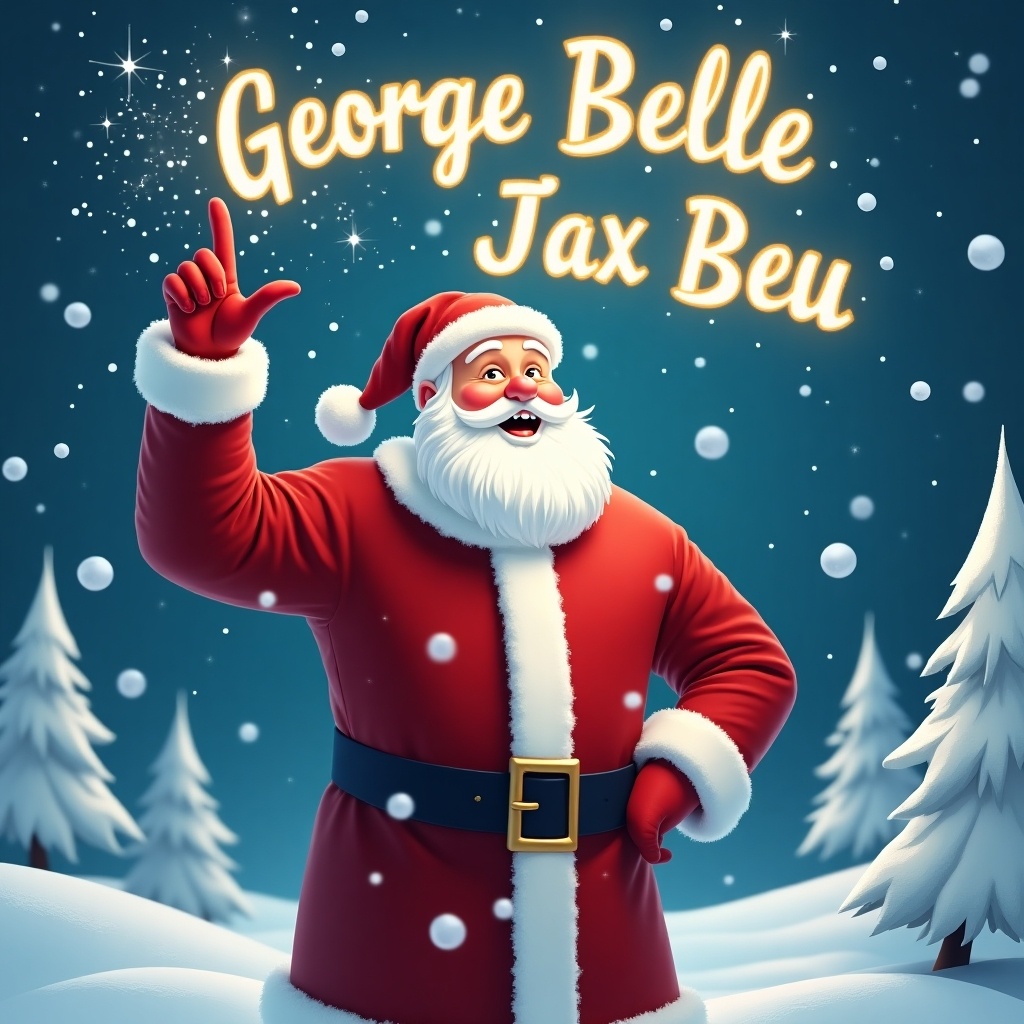 The image depicts a joyful Santa Claus standing in a winter wonderland. He is dressed in his traditional red suit with white trim and a matching hat. Santa is pointing upward as if he is magically writing a name in the sky. Snowflakes gently fall around him, adding to the festive atmosphere. In the sky, the name 'George Belle Jax Beau' is written in bright, glowing letters. The background features snowy trees, enhancing the Christmas scene.