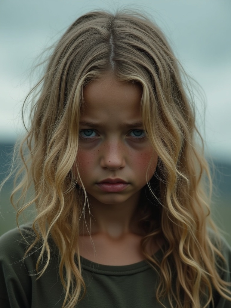 Blonde girl with wavy hair looking downwards. Stray locks of hair fall over her face. Blue eyes and lightly tanned skin. Features silhouetted by a smoky sky. Expression shows sadness, hardship, and strength.