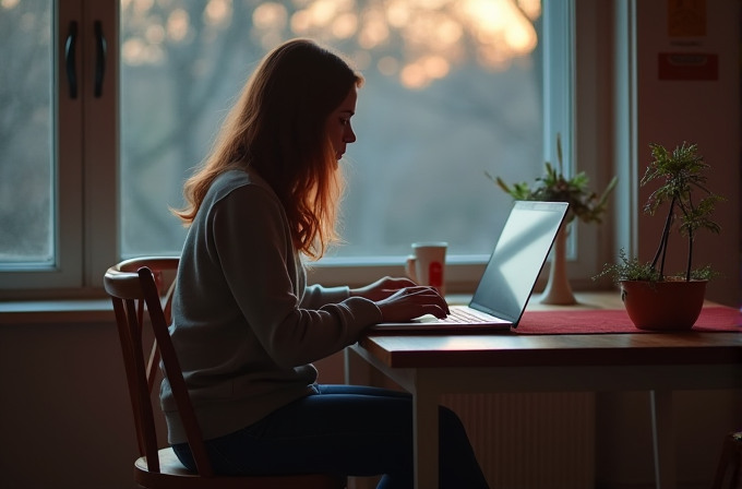 A woman sits at a table using her laptop in a softly lit room during sunset.