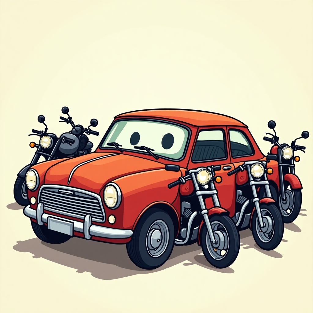 The image features a cheerful cartoon car surrounded by six lively motorcycles. The car is a vibrant red with large, friendly eyes, giving it a whimsical character. The motorcycles are arranged around the car, adding a touch of adventure with their sleek designs. The overall scene is bright and fun, perfect for children's media. This playful illustration captures a sense of camaraderie between the vehicles and creates a lively atmosphere.