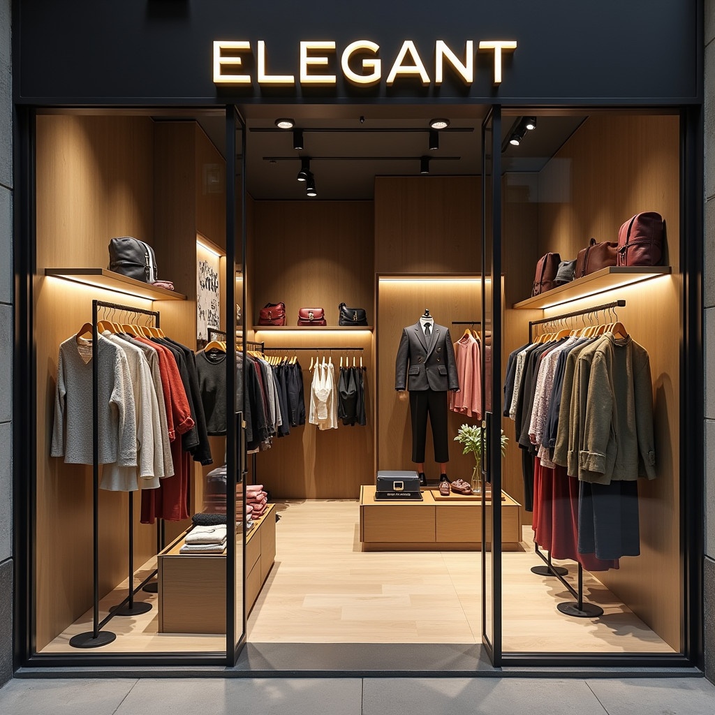 Store front displayed for Elegant Berlin. Focus on women's and men's fashion. Arrangement includes accessories. Clean and modern design. Warm lighting emphasizes clothing and accessories. Display organized for visual appeal.