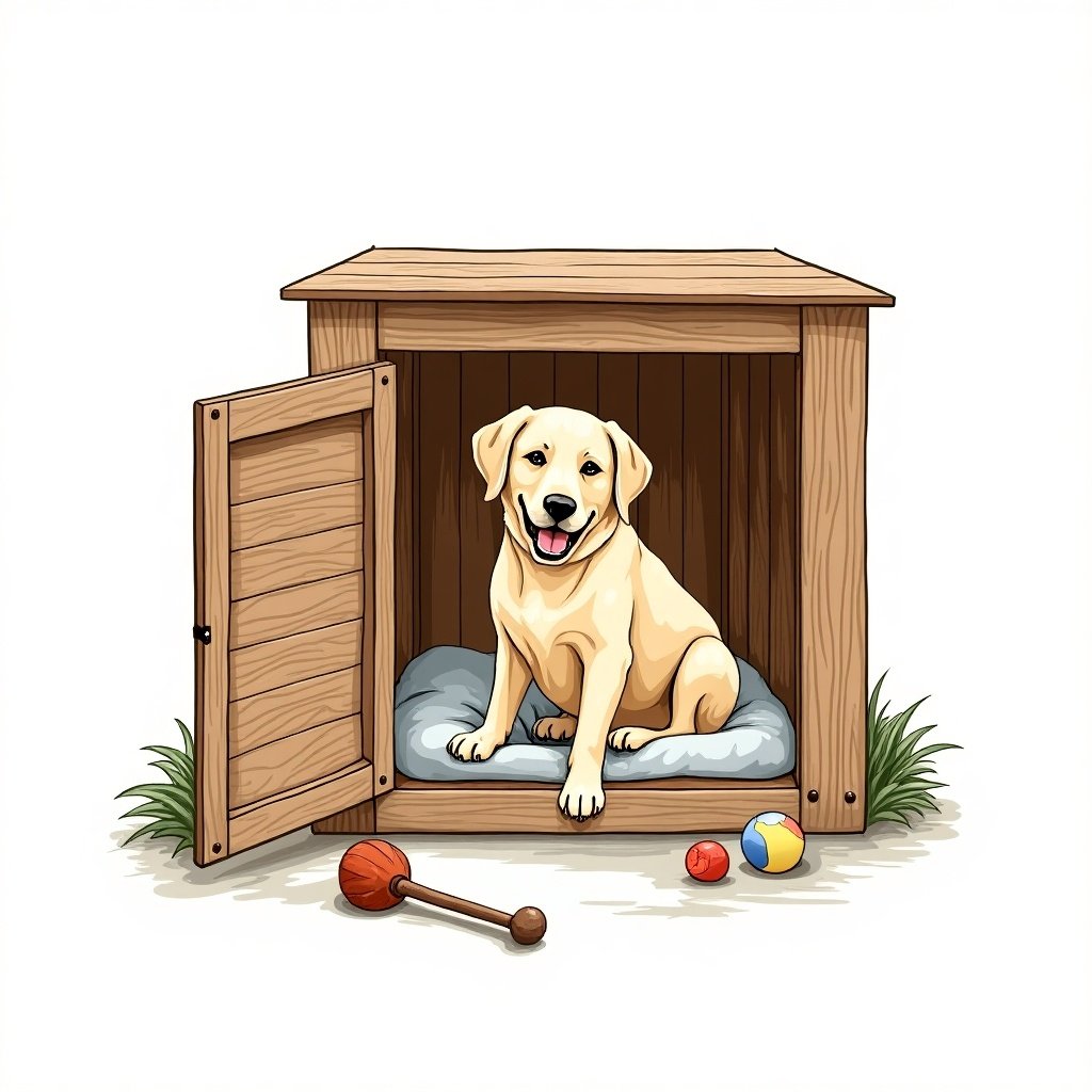 This image showcases a cheerful yellow Labrador dog lying comfortably inside a wooden dog crate. The crate has an open door, inviting and suggesting warmth. Inside, there's a soft bed for the dog, indicating a cozy living space. Surrounding the crate are various toys, which highlight a playful atmosphere. The colors are bright, making the entire scene look friendly and welcoming. This illustration is ideal for pet-related content and captures the essence of a loving pet environment.