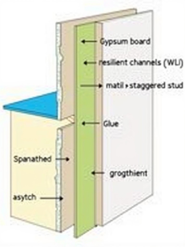 Simplified two-dimensional cross-section drawing of a soundproof wall. It shows the arrangement of layers. Various materials are labeled. Includes fibreboard, gypsum board, resilient channels, staggered stud frame, mobile staggered stud, and finishing drywall. Color coding highlights each material.