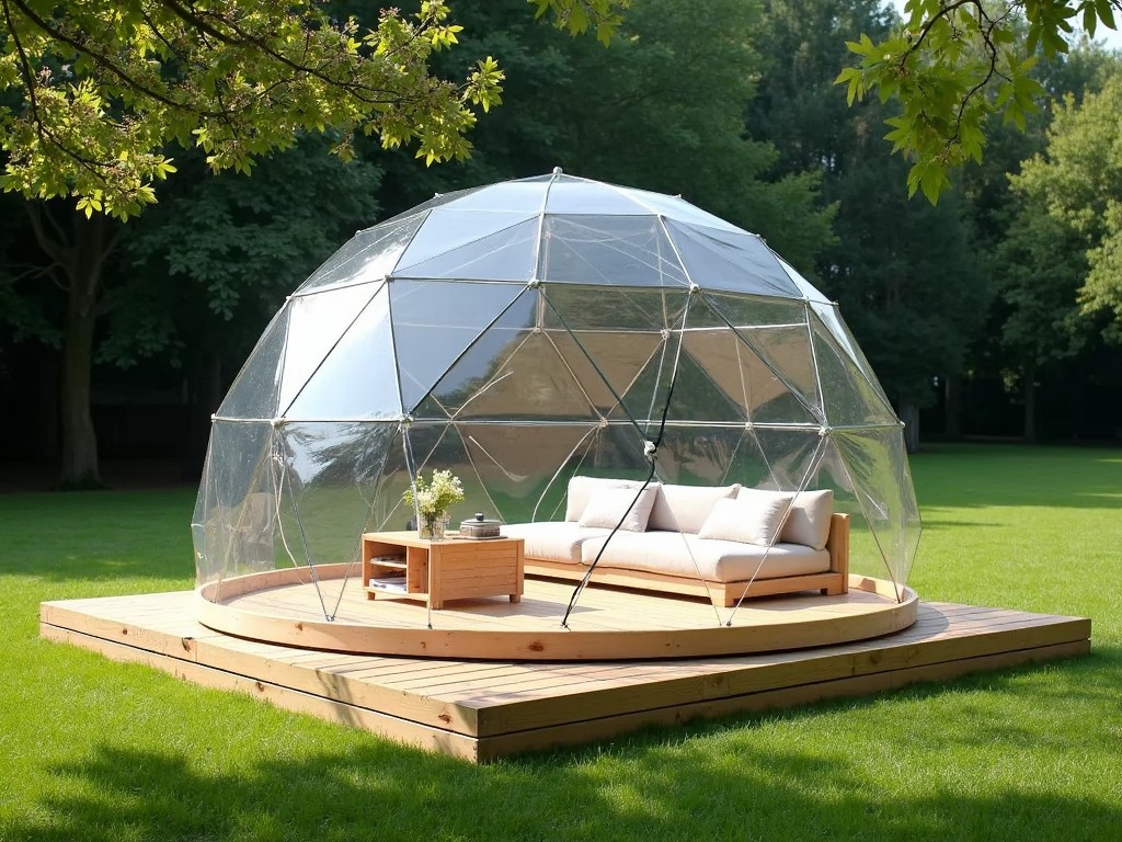 This image showcases a unique outdoor setting featuring a geodesic dome made of clear plastic panels. Inside the dome, there is a comfortable seating area with a beige sofa and a small wooden table. The dome is situated on a circular wooden platform, surrounded by lush green grass and trees. This design allows for an enjoyable connection with nature while providing shelter. It's ideal for leisure, relaxation, or hosting small gatherings.