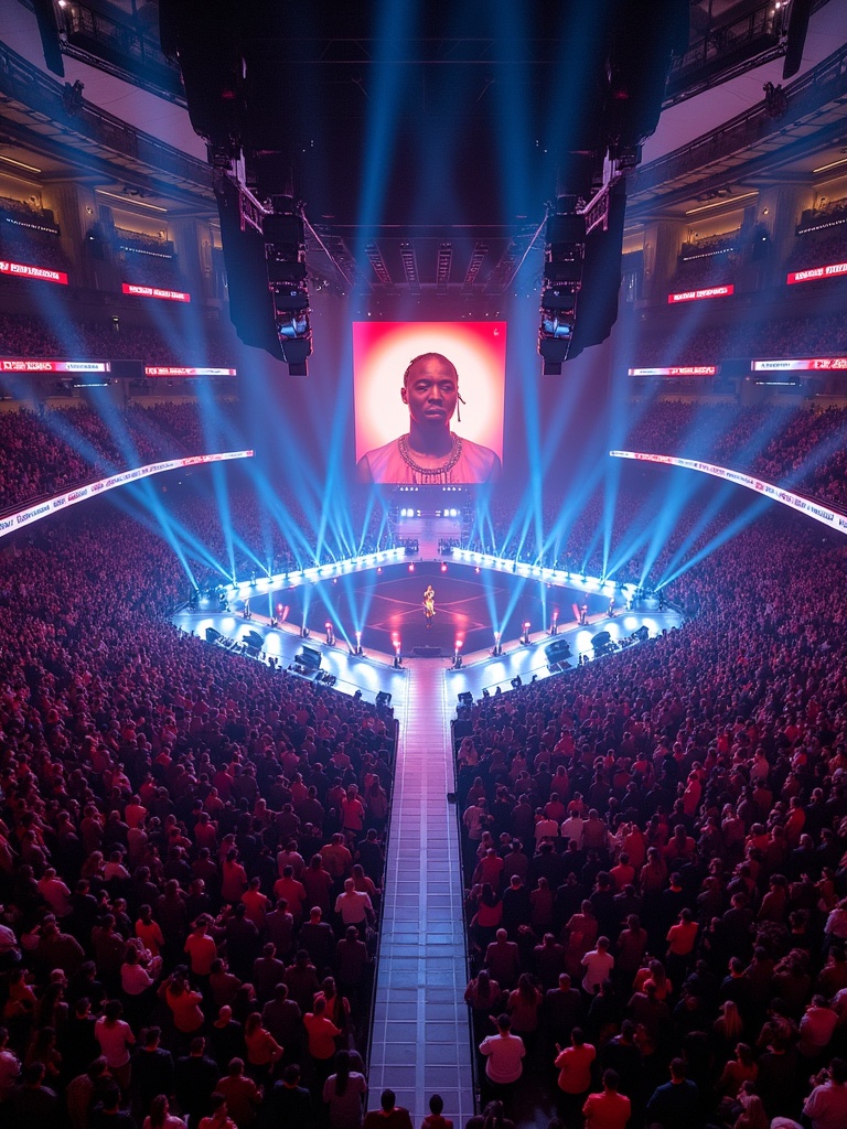 Travis Scott performs at a 360 concert stage in Madison Square Garden. View from a drone showcases a large crowd and illuminated stage.