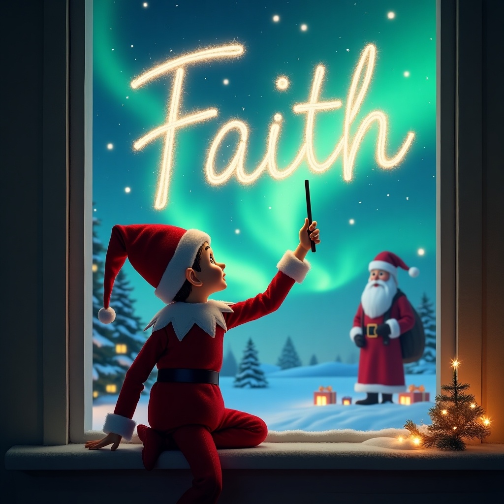 The image features an elf on the shelf, positioned with its back towards the viewer. The elf is joyfully facing the sky, using a wand to write the word 'Faith' in bright light. The background is a magical Christmas scene, showcasing beautiful northern lights illuminating the night sky. In the distance, Santa Claus can be seen amidst a snowy landscape, surrounded by gifts. The overall atmosphere is festive and enchanting, evoking a sense of wonder and holiday spirit.