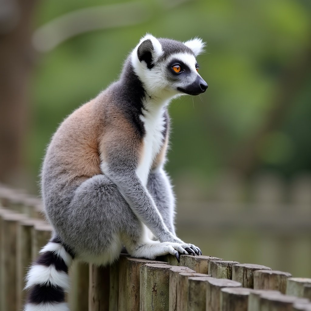 A ring-tailed lemur sits on a wooden fence. The lemur gazes into the distance, deep in thought. The background is blurred with greenery, adding a peaceful feel to the scene.