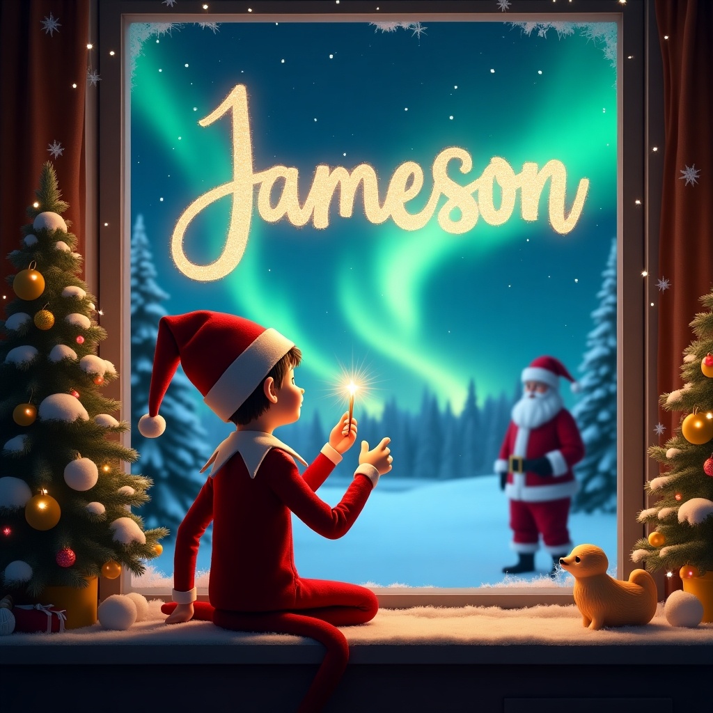 The image features a charming scene with an elf on the shelf seated with his back to the viewer. He is facing the dazzling night sky, using a magic wand to elegantly write the name 'Jameson' in sparkling light. The background depicts a magical Christmas setting, complete with shimmering northern lights. In the distance, Santa Claus can be seen, adding to the festive atmosphere. The window frame shows decorated Christmas trees and snow, creating a cozy and enchanting ambiance.