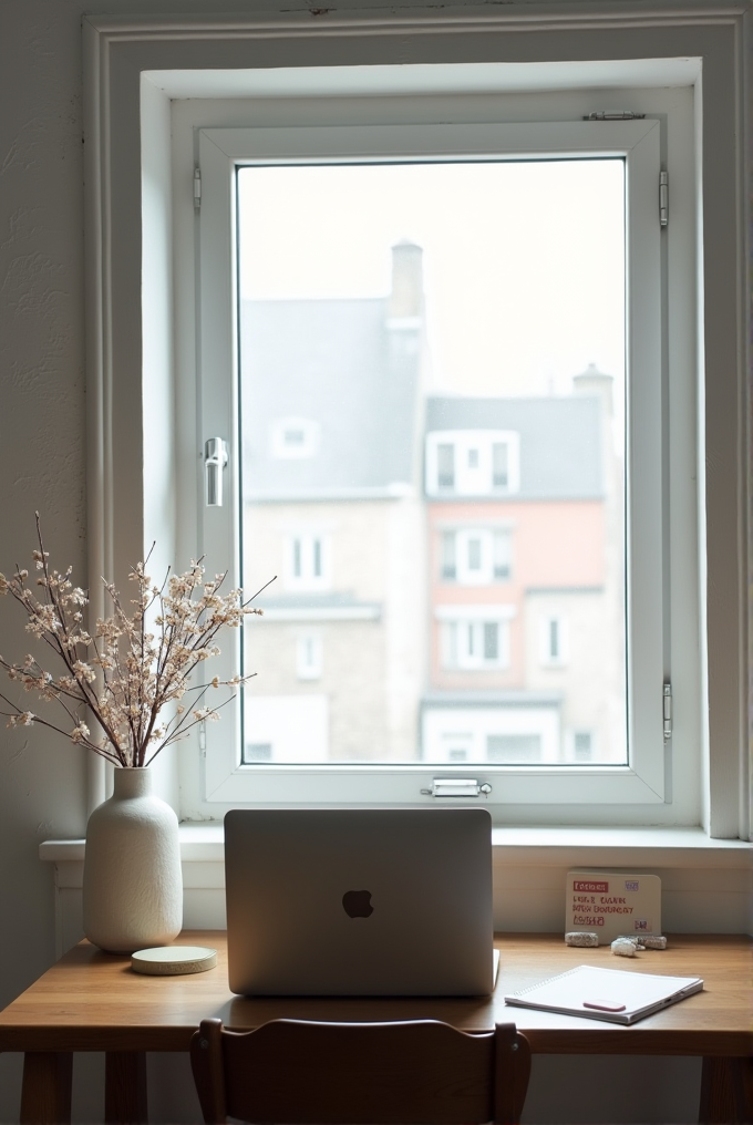 A cozy workspace features a wooden desk with a laptop, notebook, and vase with branches, all set beneath a large window showing an urban view.