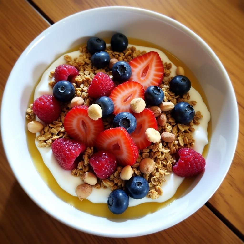 A bowl of granola topped with yogurt and honey with fresh berries. Raspberries, blueberries, and sliced strawberries arranged on top. Hazelnuts sprinkled throughout. Presented on a wooden table.