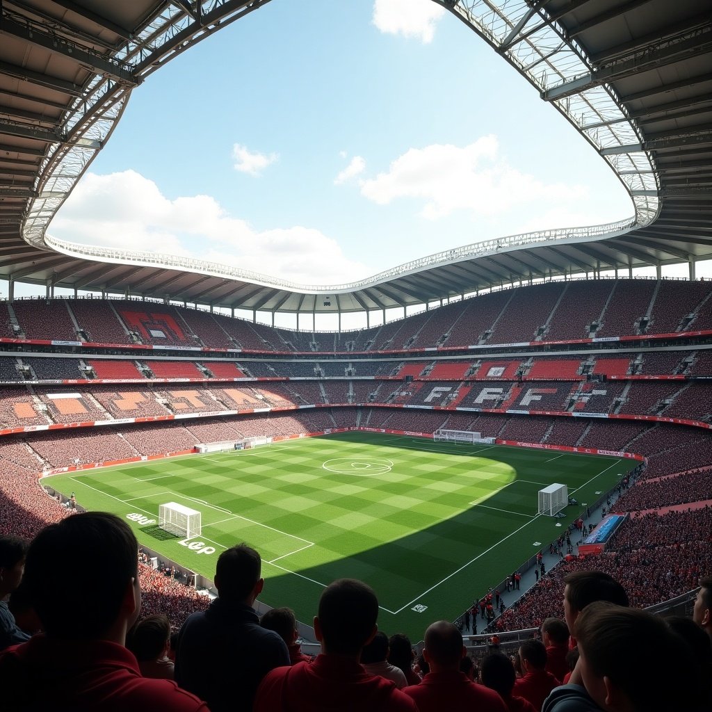 Representation of a soccer field set up for the MLS Cup. Show stadium seating filled with fans. Display bright blue sky above with large clouds.