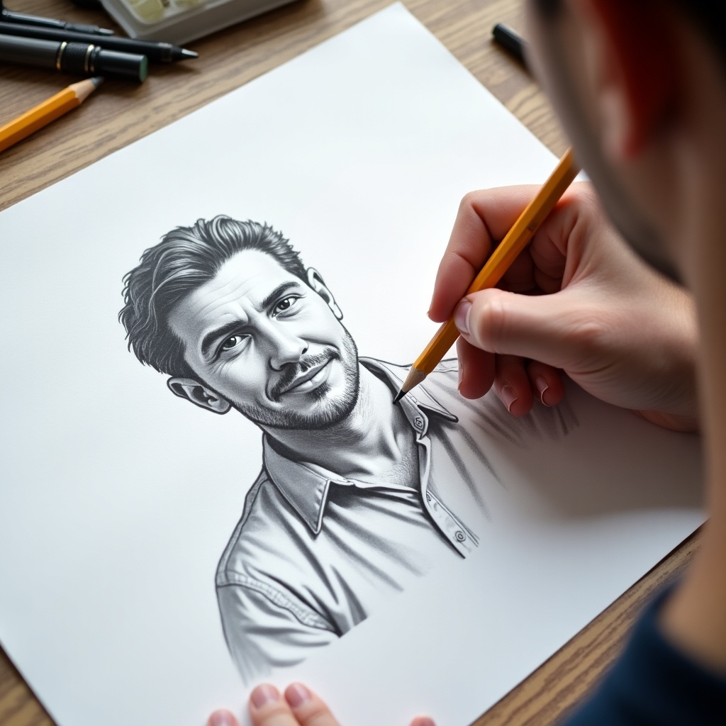 A person is sketching a man's portrait on graph paper with a pencil. The image captures the intricate details of the drawing process, showcasing the artist’s focused expression. The setting includes art supplies scattered around, emphasizing the creative atmosphere. The hand deftly maneuvers the pencil, bringing the subject to life on paper. Natural light floods the scene, highlighting the textures of the paper and the shading of the portrait, enhancing the artistic feel of the moment.