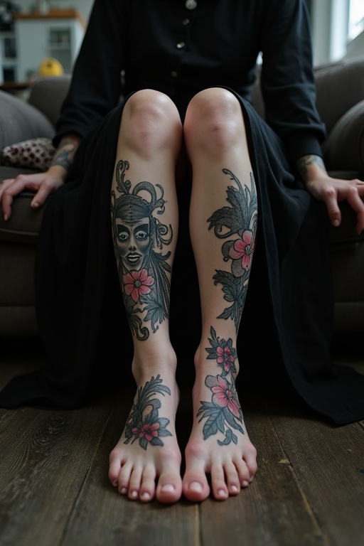 Tattooed bare feet of a mature goth woman. She sits on a chair with her feet on a table. Her feet have intricate designs and are wet.