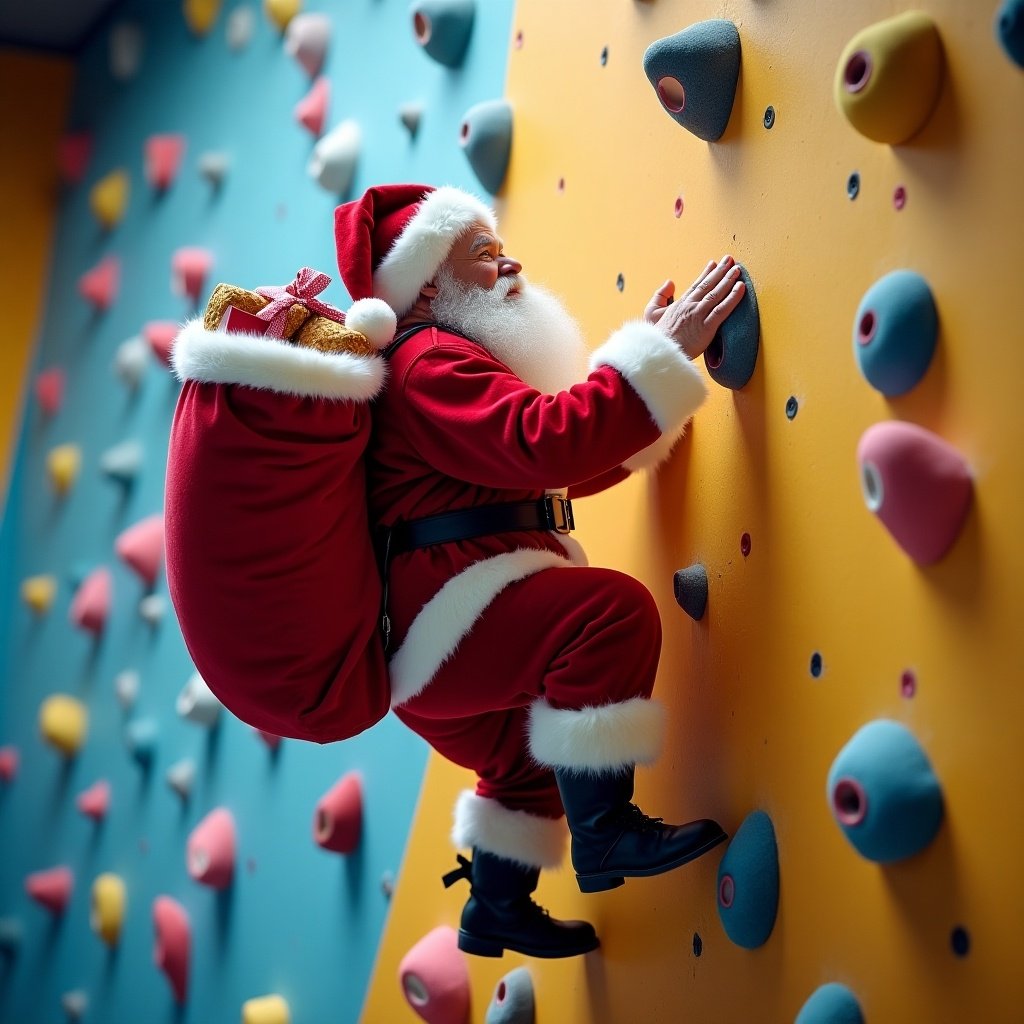 Santa Claus dressed in festive attire is climbing a colorful bouldering wall. The wall has various climbing holds in bright colors. Santa carries a bag of presents on his back.