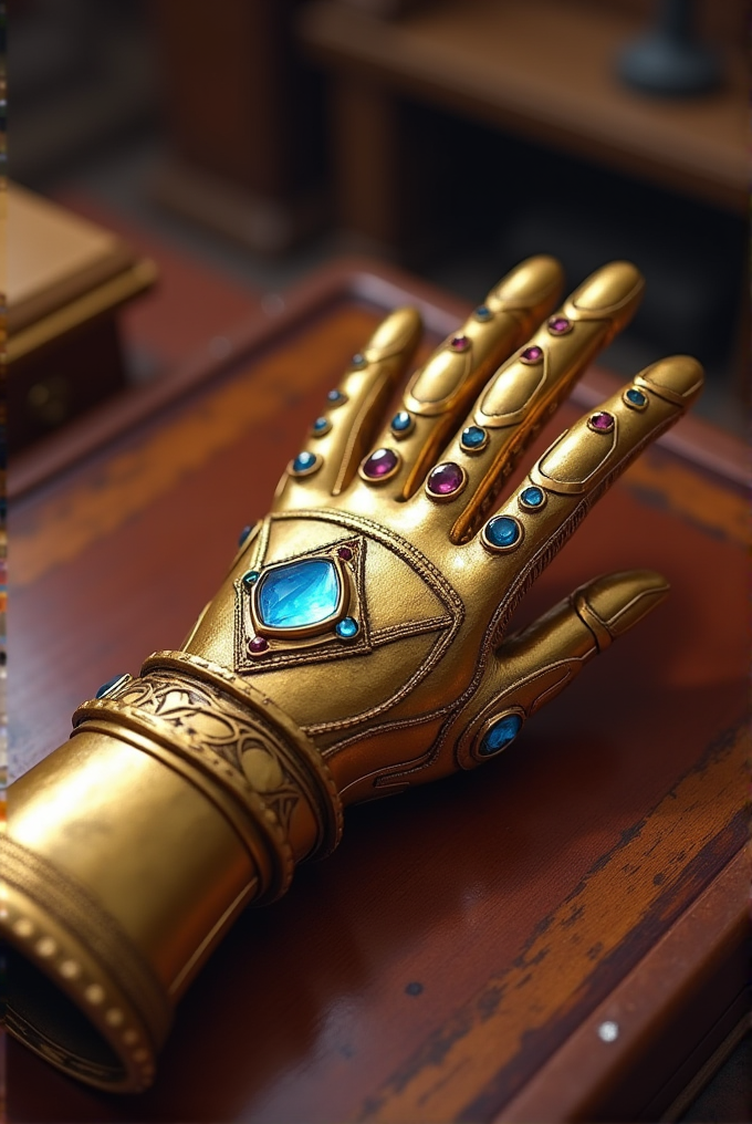 A golden, ornate gauntlet studded with blue and red gems rests elegantly on a wooden surface.